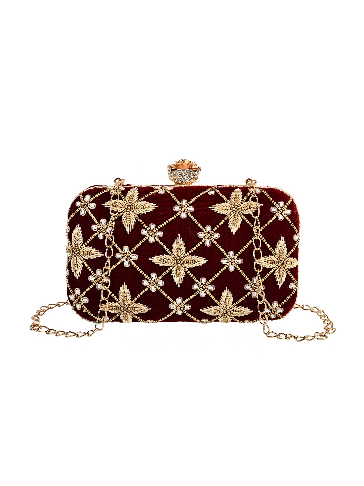 Royal Velvet Zari Embroidered Clutch with Floral Crystal Clasp