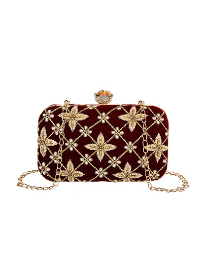 Royal Velvet Zari Embroidered Clutch with Floral Crystal Clasp