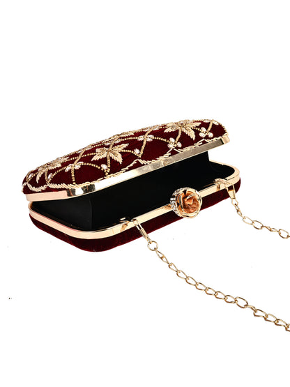 Royal Velvet Zari Embroidered Clutch with Floral Crystal Clasp