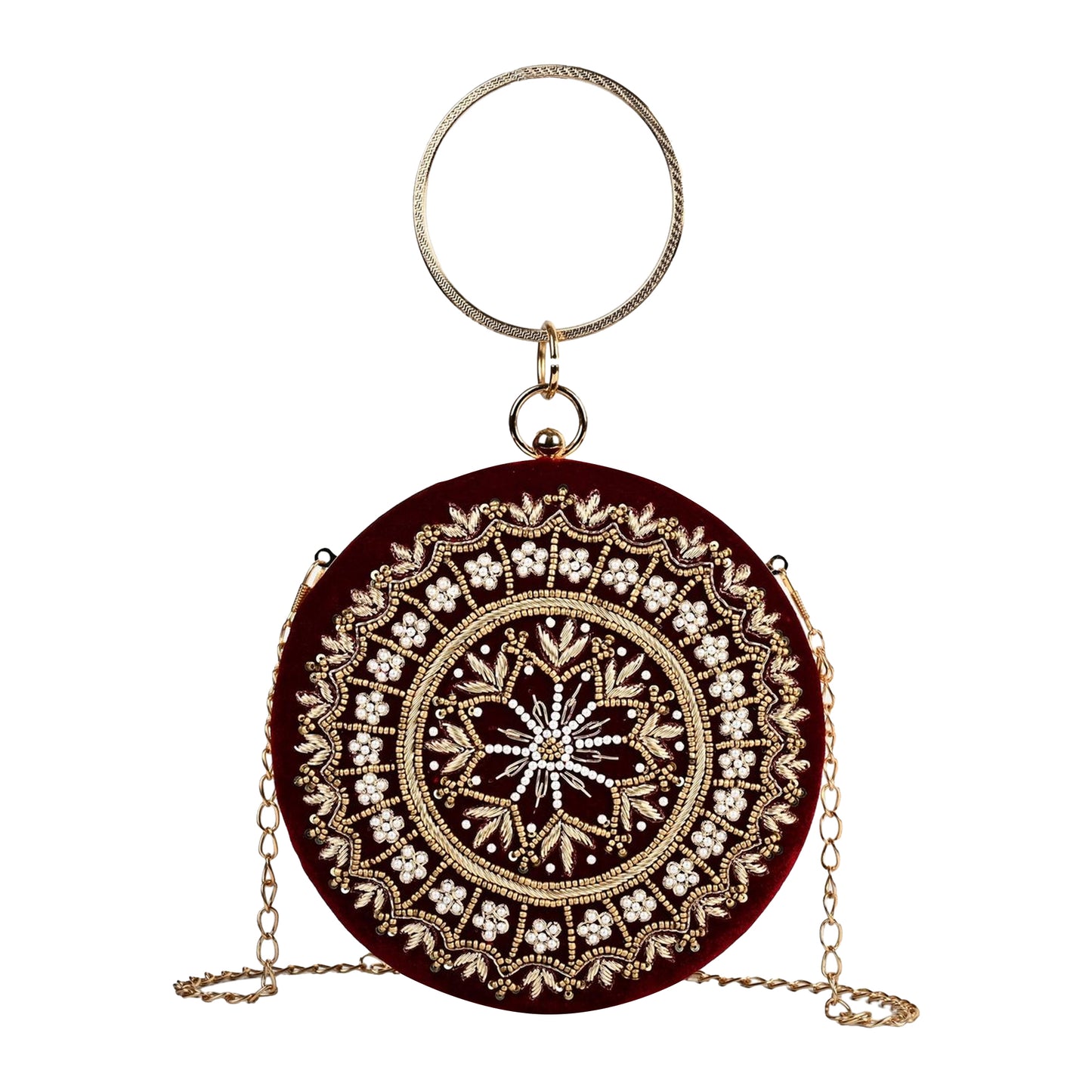 Royal Red Embroidered Potli Clutch with Pearl Handle – Bridal & Wedding Statement Bag