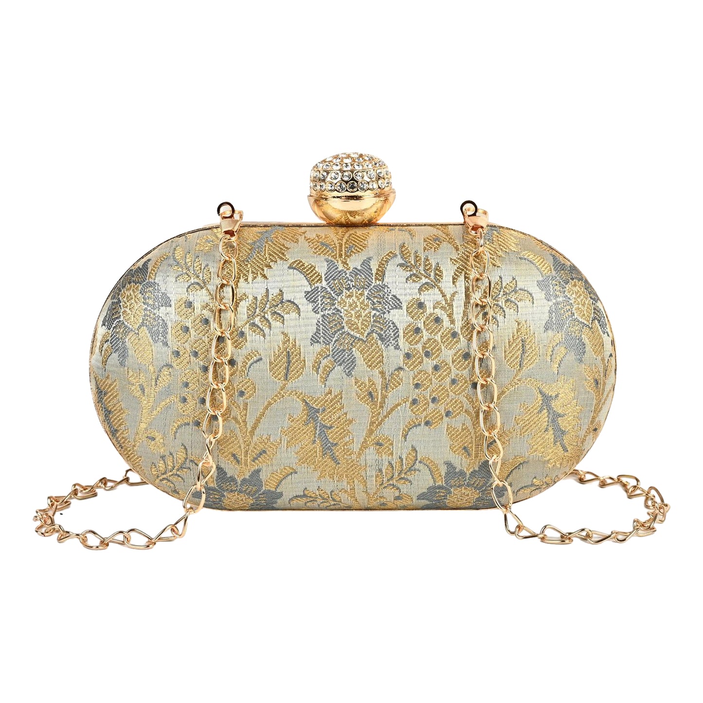 Elegant Gold & Silver Floral Brocade Clutch with Crystal Clasp – Wedding & Party Handbag