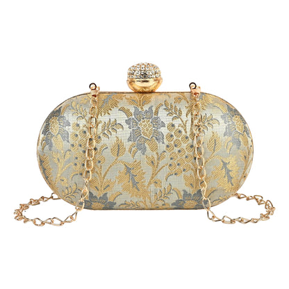 Elegant Gold & Silver Floral Brocade Clutch with Crystal Clasp – Wedding & Party Handbag