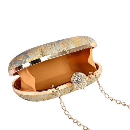 Elegant Gold & Silver Floral Brocade Clutch with Crystal Clasp – Wedding & Party Handbag