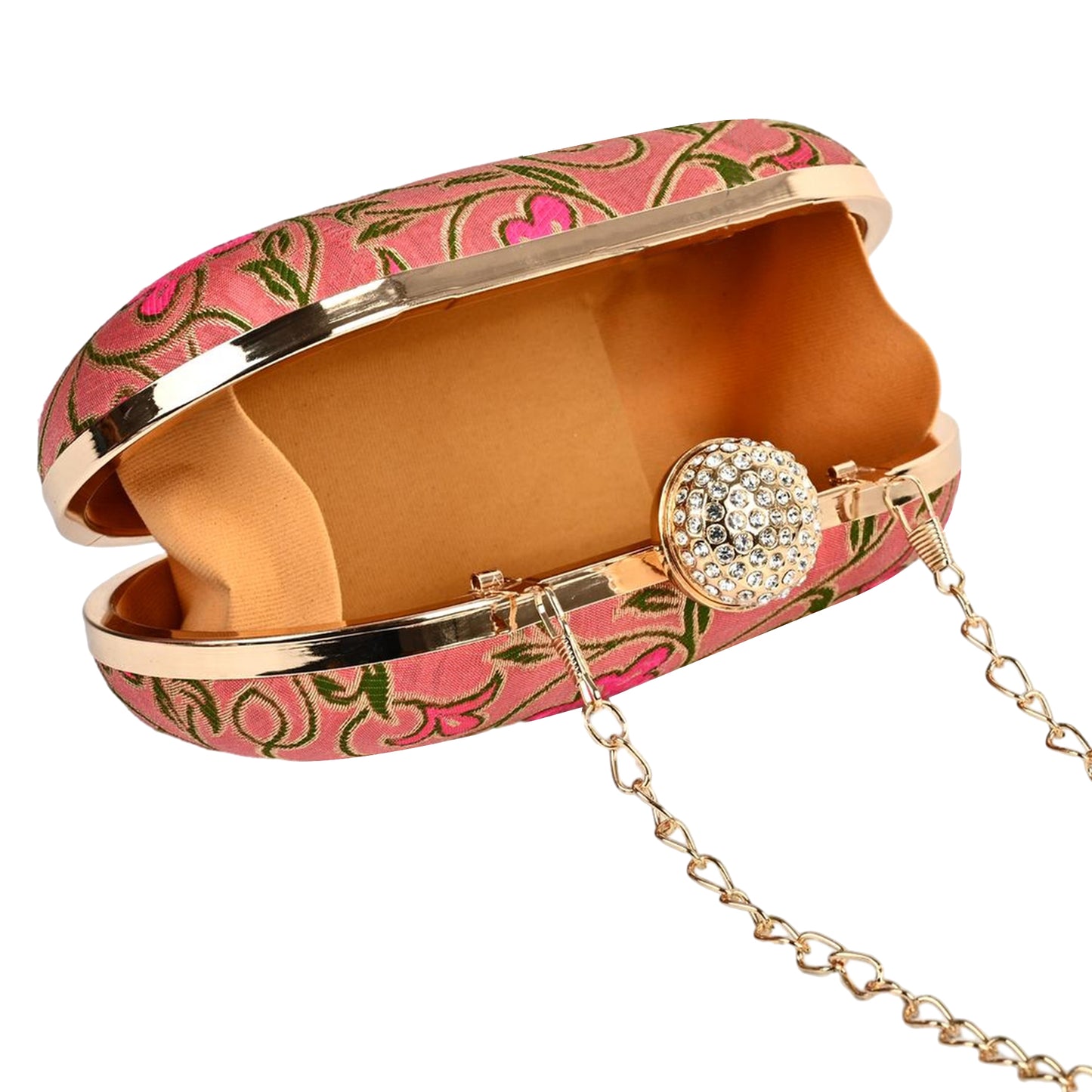 Luxury Pink Floral Embroidered Clutch with Crystal Clasp – Bridal & Party Sling Bag