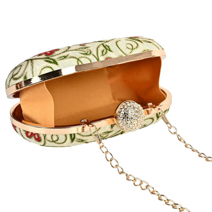Elegant Floral Embroidered Clutch with Gold Chain – Bridal & Party Wear Handbag