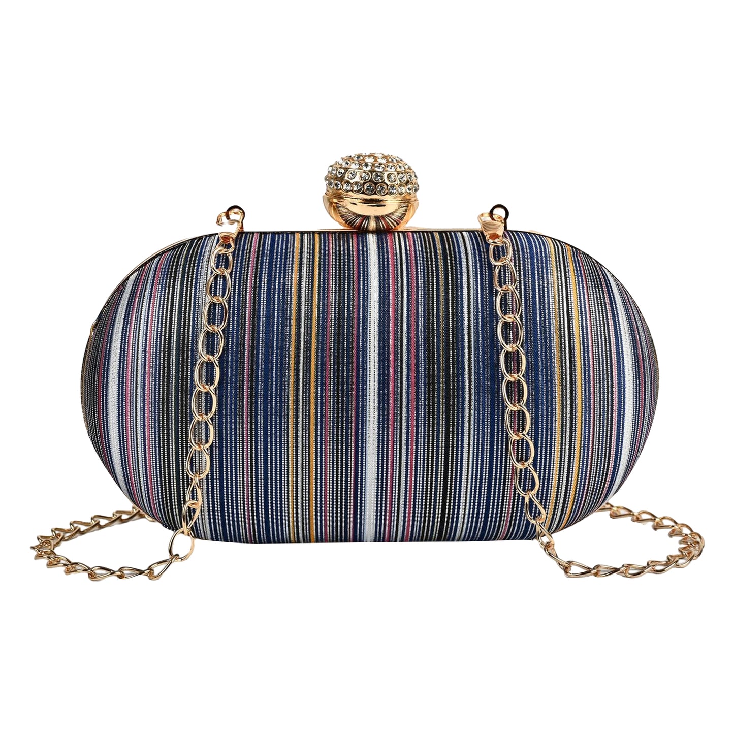 Multicolor Striped Clutch with Crystal Clasp – Elegant Party & Evening Handbag