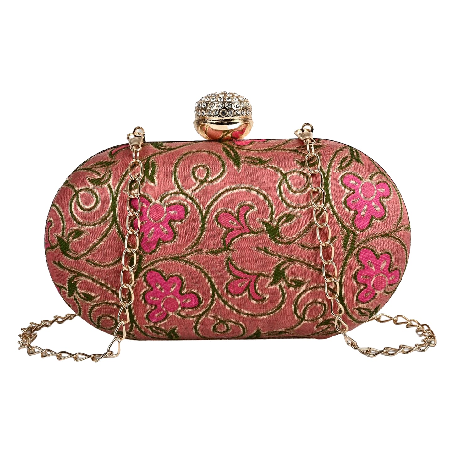 Luxury Pink Floral Embroidered Clutch with Crystal Clasp – Bridal & Party Sling Bag