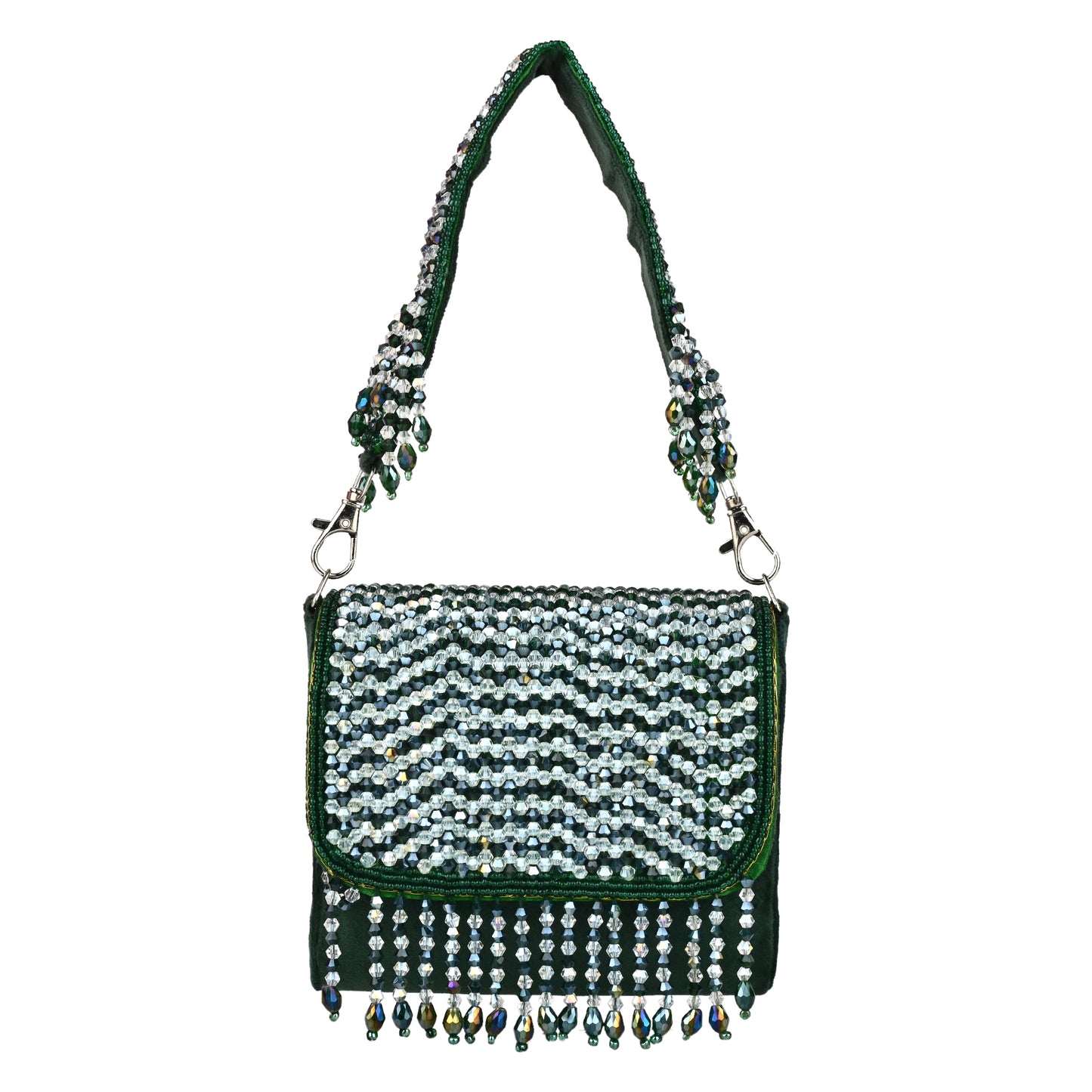 Women Emerald Beaded Mini Flap Bag with Crystal Fringe