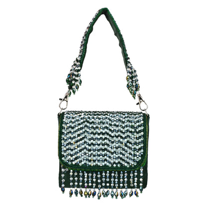 Women Emerald Beaded Mini Flap Bag with Crystal Fringe