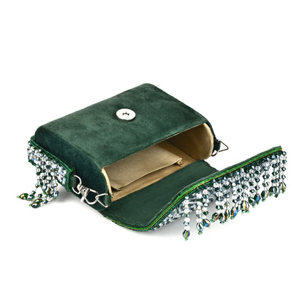 Women Emerald Beaded Mini Flap Bag with Crystal Fringe