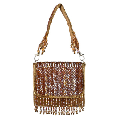 Women Embellished Mini Flap Sling Bag with Beaded Fringe Detail