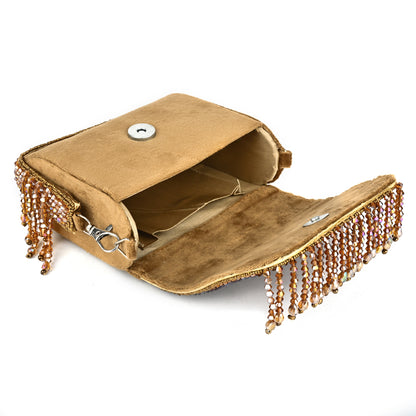 Women Embellished Mini Flap Sling Bag with Beaded Fringe Detail