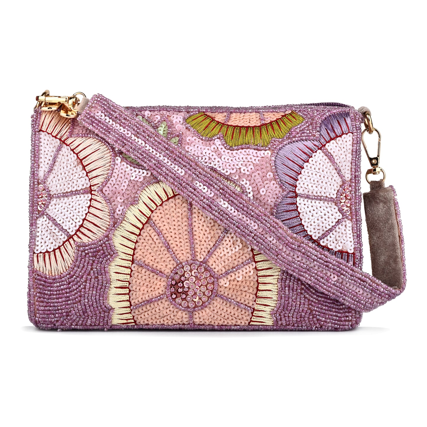 Women Floral Embroidered Handbag with Sequin and Thread Detailing