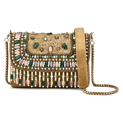 Women Beaded Flap Bag with Fringed Detailing and Chain Strap