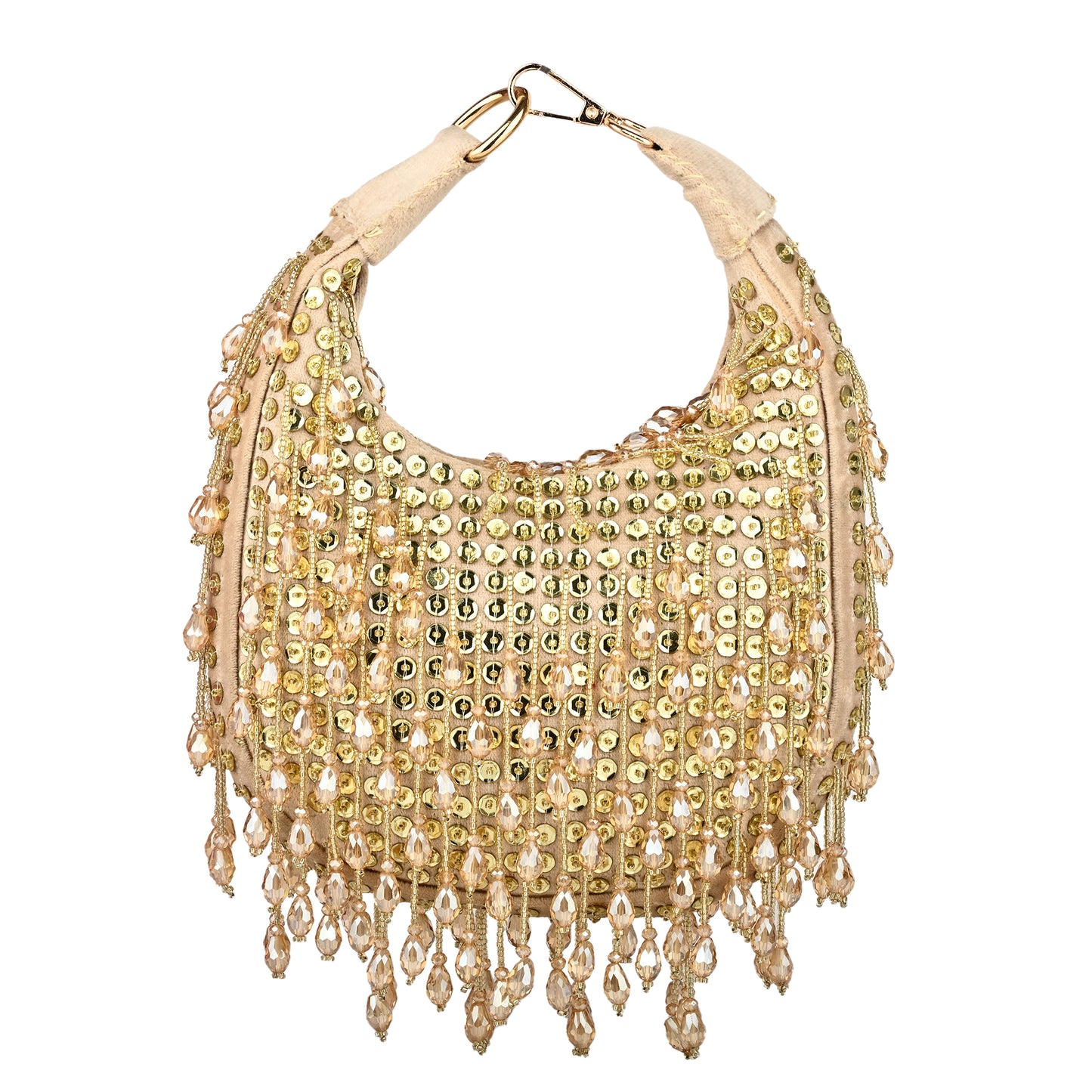 Women Embellished Hobo Bag with Bead and Sequin Fringe Detail