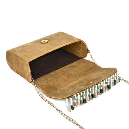 Women Beaded Flap Bag with Fringed Detailing and Chain Strap