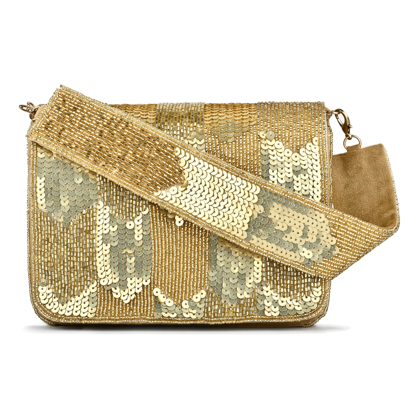 Women Gold Sequin Flap Bag with Chain Strap and Magnetic Closure
