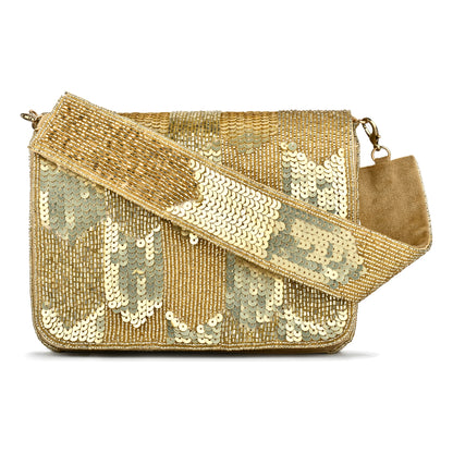 Women Gold Sequin Flap Bag with Chain Strap and Magnetic Closure