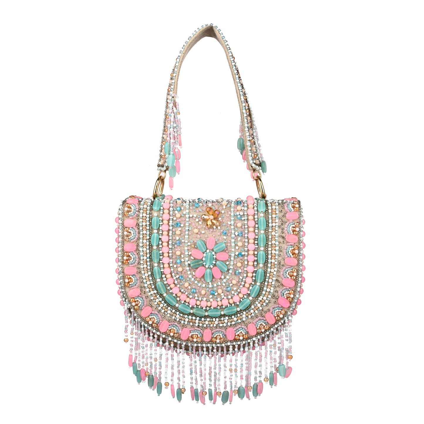 Women Colorful Beaded Flap Bag with Fringe Detail and Chain Strap