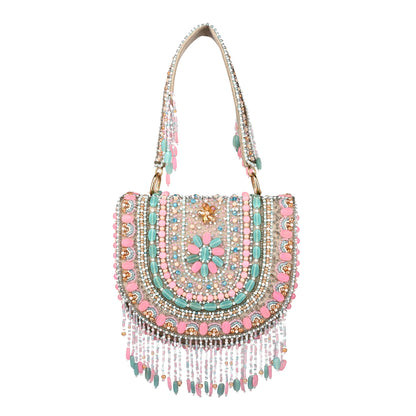 Women Colorful Beaded Flap Bag with Fringe Detail and Chain Strap