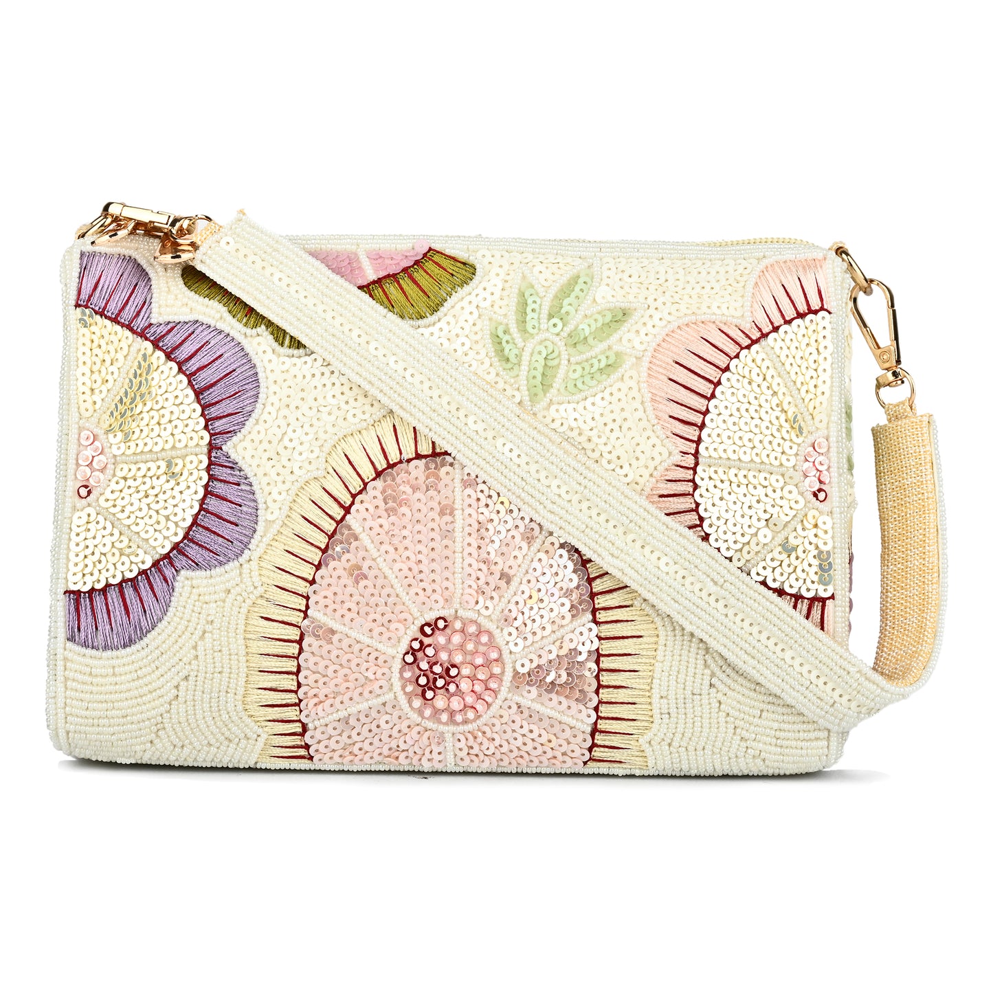 Women Floral Embroidered Handbag with Bead and Sequin Detailing