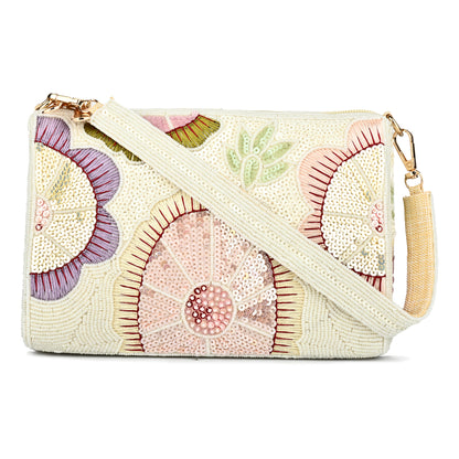 Women Floral Embroidered Handbag with Bead and Sequin Detailing