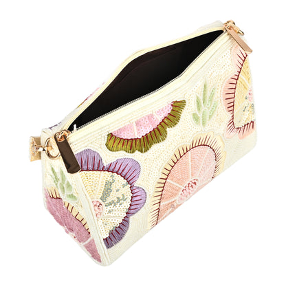 Women Floral Embroidered Handbag with Bead and Sequin Detailing