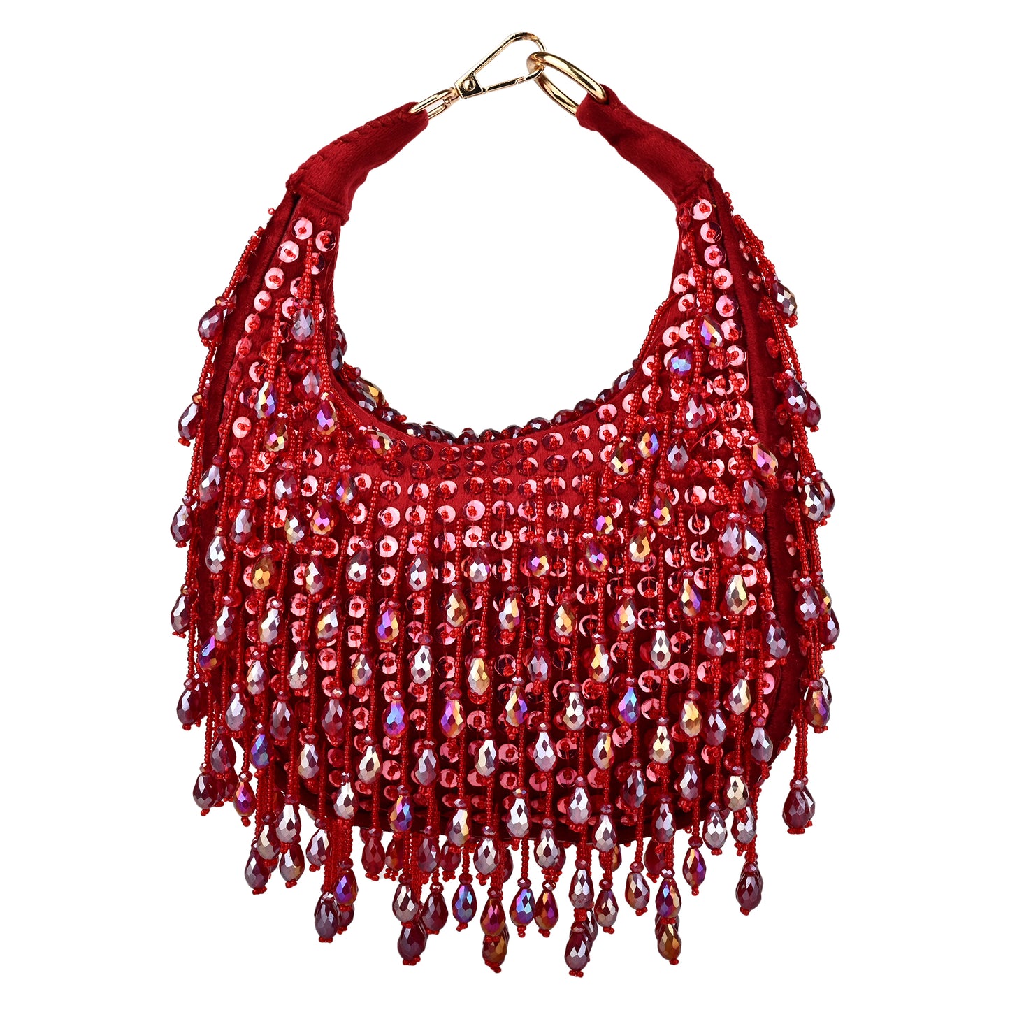 Women Red Sequin Handbag with Fringed Detail and Gold Hardware