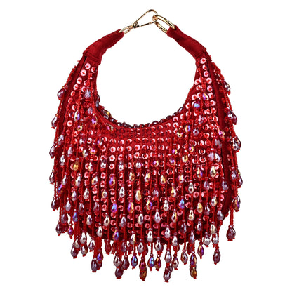 Women Red Sequin Handbag with Fringed Detail and Gold Hardware