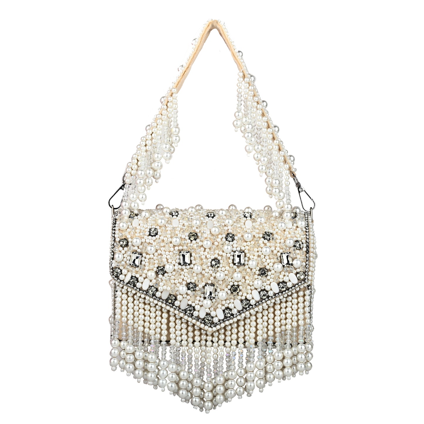 Women Pearl-Embellished Flap Handbag with Crystal Details and Fringed Tassels