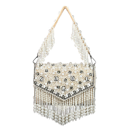Women Pearl-Embellished Flap Handbag with Crystal Details and Fringed Tassels