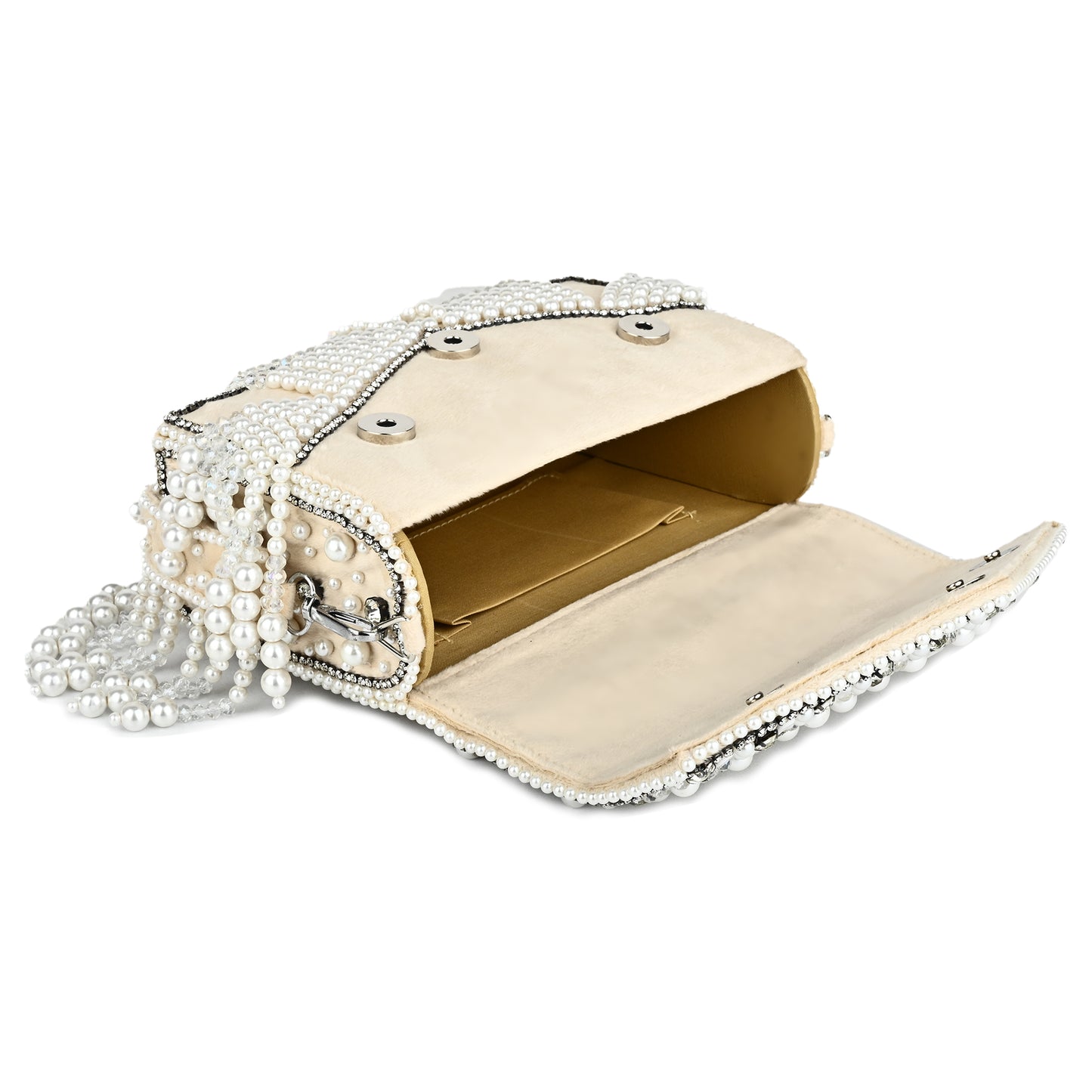 Women Pearl-Embellished Flap Handbag with Crystal Details and Fringed Tassels