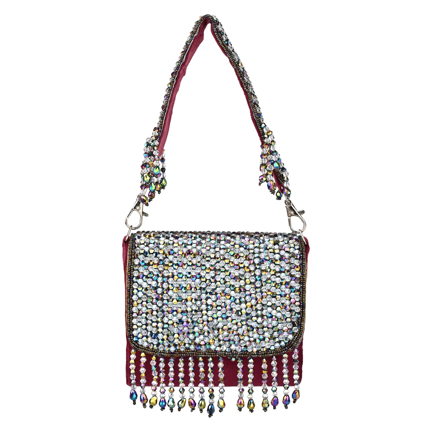 Women Elegant Red Beaded Flap Handbag with Crystal Fringe Detail