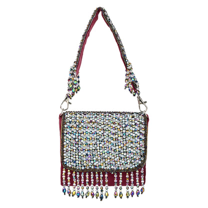 Women Elegant Red Beaded Flap Handbag with Crystal Fringe Detail