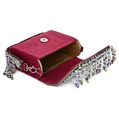 Women Elegant Red Beaded Flap Handbag with Crystal Fringe Detail