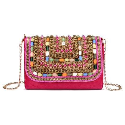 Women Colorful Beaded Velvet Flap Handbag with Chain Strap