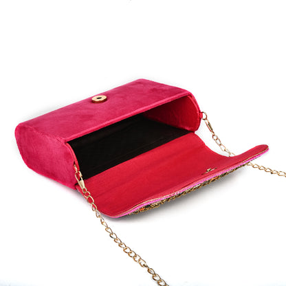 Women Colorful Beaded Velvet Flap Handbag with Chain Strap