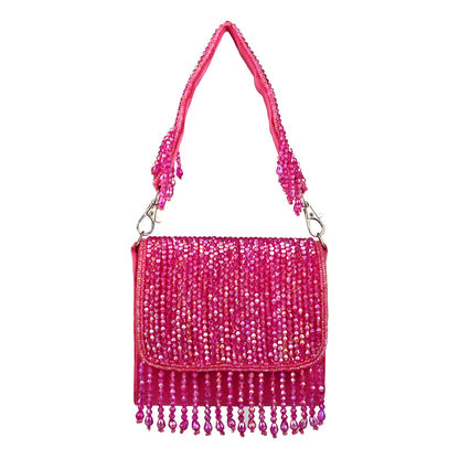 Women Multicolor Beaded Flap Handbag with Chain Strap