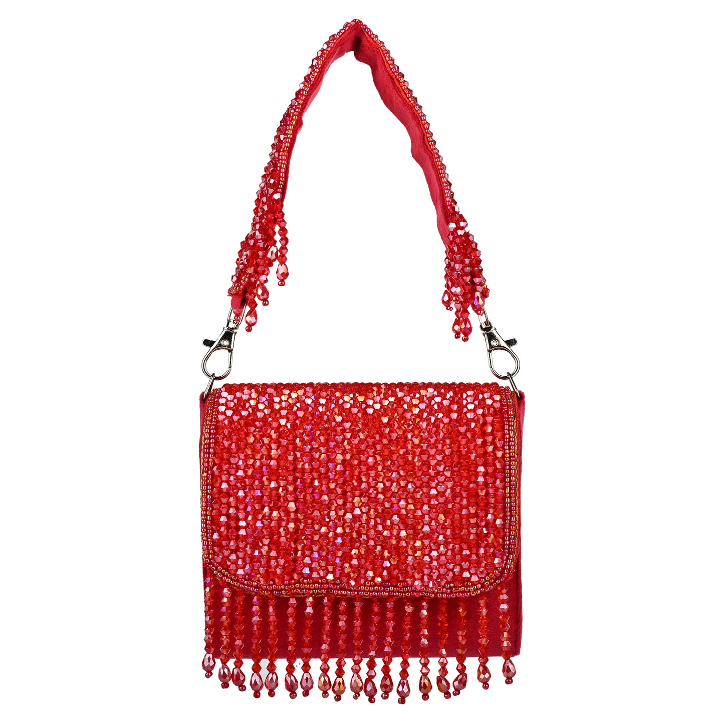 Women Multicolor Beaded Flap Handbag with Chain Strap