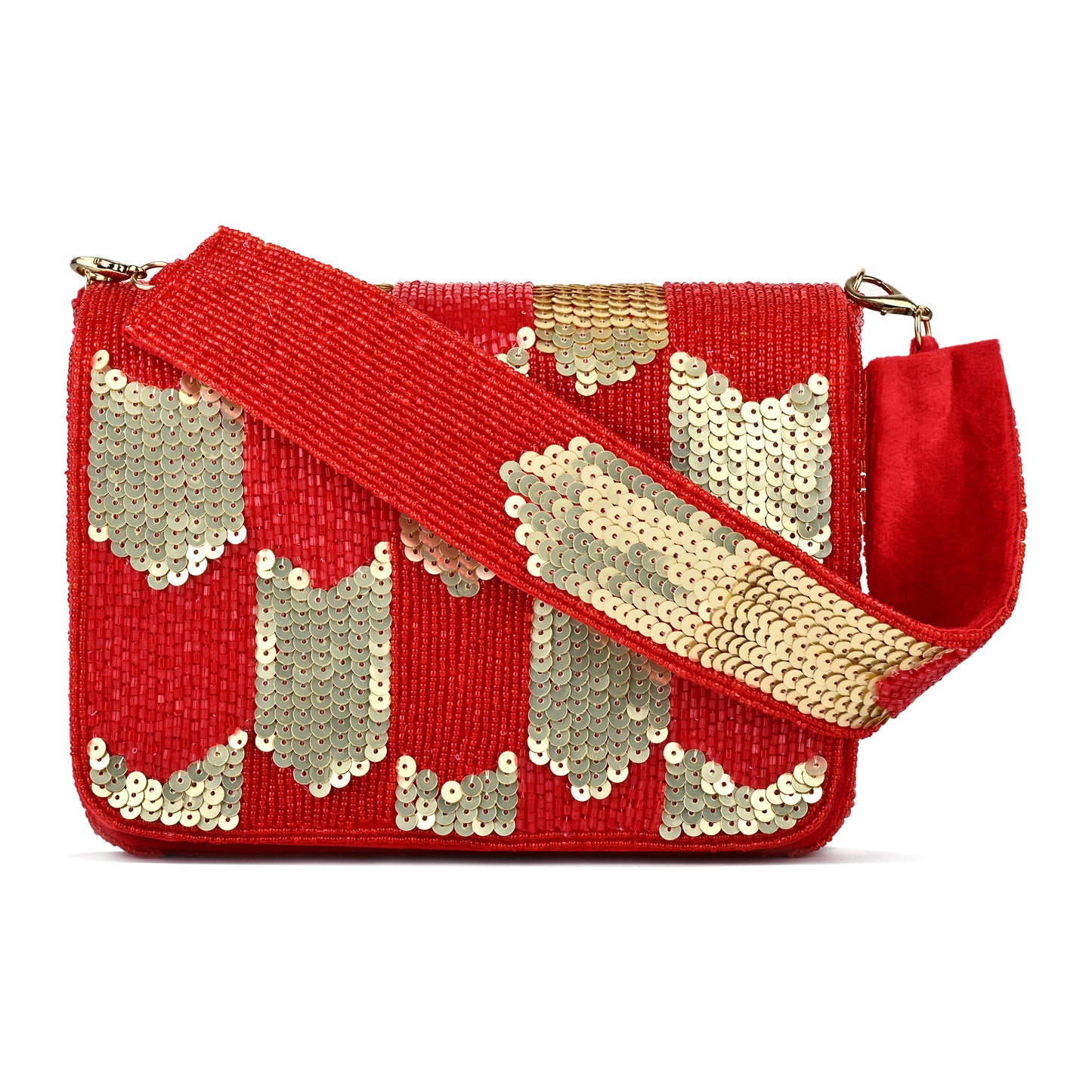 Women Red & Gold Sequin Flap Bag with Chain Strap