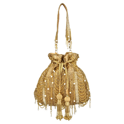 Women Golden Beaded Potli Bag with Pearl Tassels