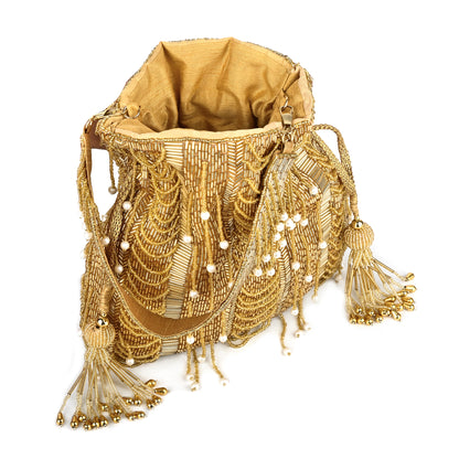 Women Golden Beaded Potli Bag with Pearl Tassels