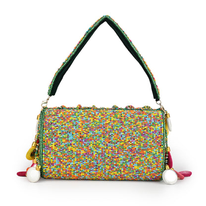 Banjara Beats – Multicolor Handcrafted Flap Bag | Boho-Chic Embellished Clutch with Fabric Drops & Beaded Handle