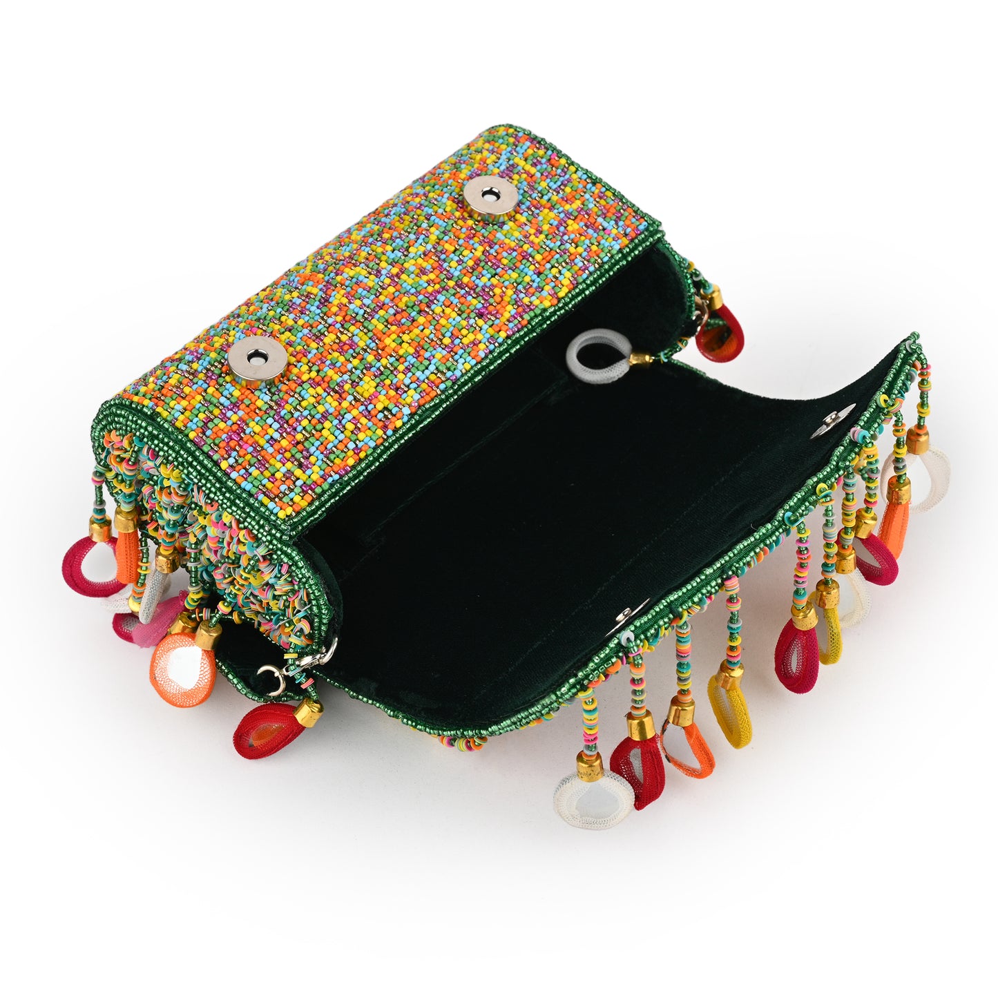 Banjara Beats – Multicolor Handcrafted Flap Bag | Boho-Chic Embellished Clutch with Fabric Drops & Beaded Handle
