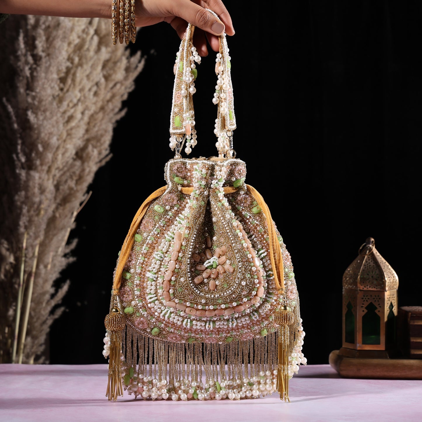 Noor-E-Pearl Potli Bag – Handcrafted Pastel Beaded Drawstring Clutch with Pearl Tassels | Wedding & Festive Purse for Women