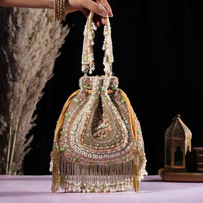 Noor-E-Pearl Potli Bag – Handcrafted Pastel Beaded Drawstring Clutch with Pearl Tassels | Wedding & Festive Purse for Women
