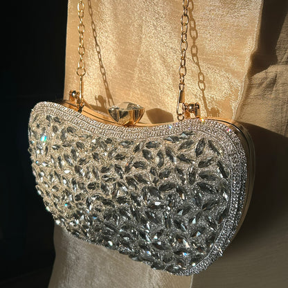 Luxury Midnight Spark White Embellished Party Clutch with Crystal Lock & Chain Strap
