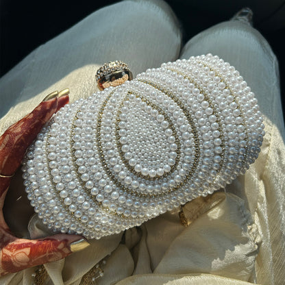 Royal Pearl Embellished Oval Clutch with Crystal Closure