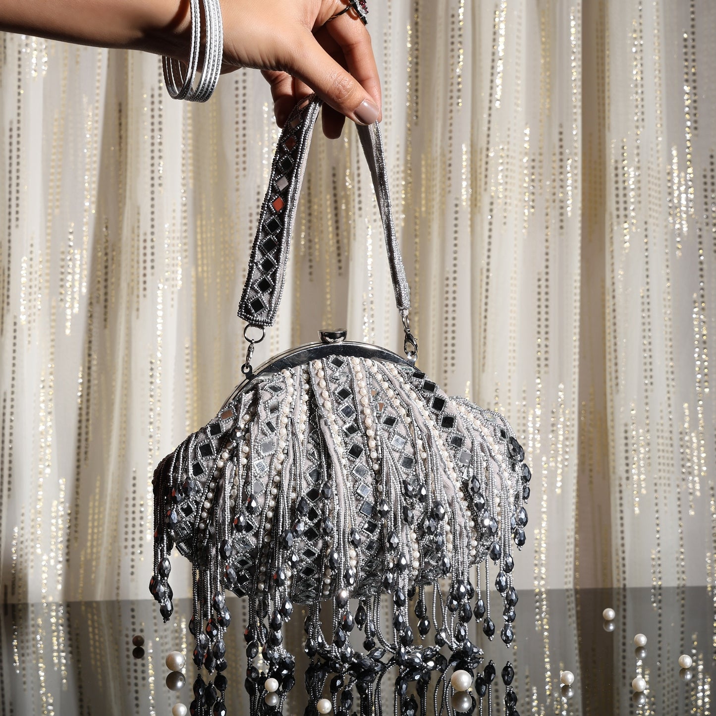 Sheesha – Handcrafted Batua Bag with Mirror Work & Beaded Tassels