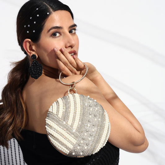 Noorika Handcrafted Round Pearl Clutch with Crystal Embellishments